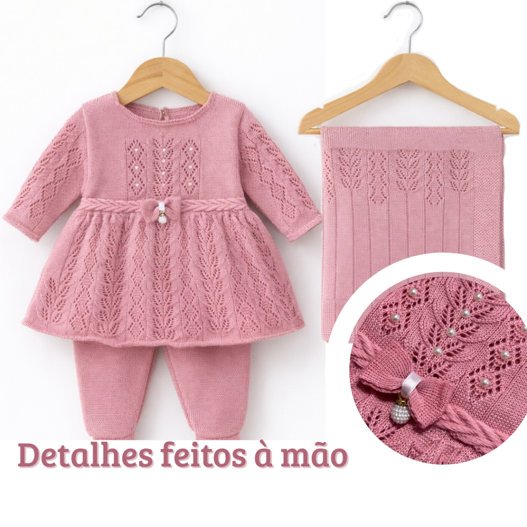 VESTIDO CALÇA E MANTA PEROLAS TRICOT SAIDA DE MATERNIDADE LUXO RN ENXOVAL