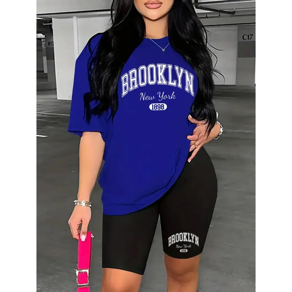 CONJUNTO FEMININO ACADEMIA CAMISETA+BERMUDA LEGGING CÓS ALTO BROOKLYN NEW YORK em Oferta na Shopee