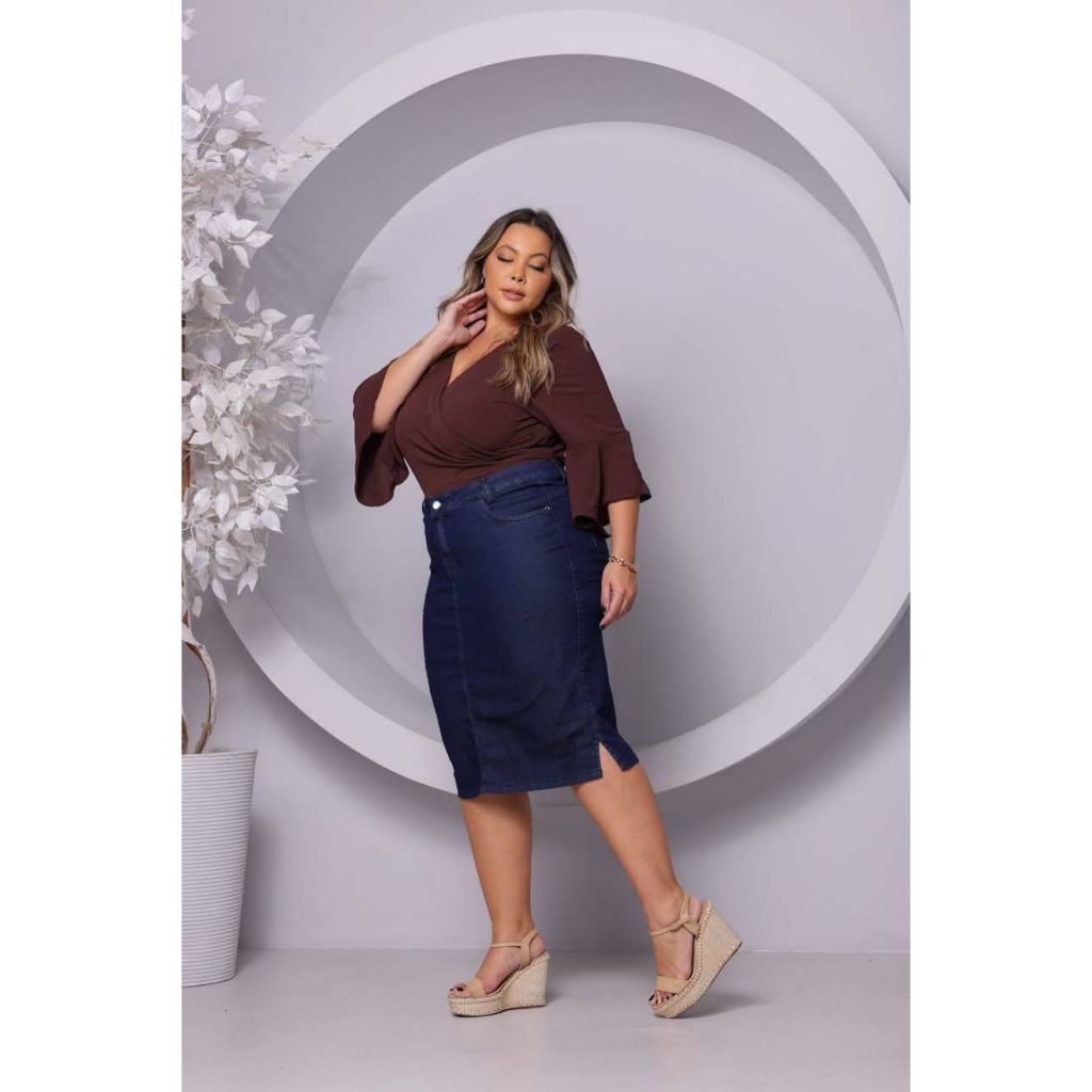 Saia Jeans Pluz Size Evangélica midi lycra com cinto tendência moda 46 Ao 60 em Oferta na Shopee