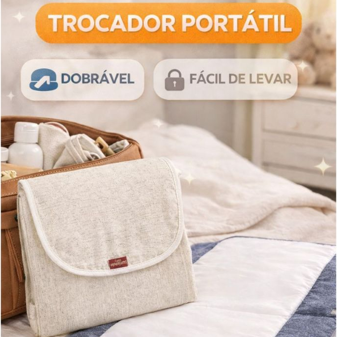 Trocador Portátil Dobrável Linho Bege 100% Algodão Forro Impermeável Com Bolsos Batistela