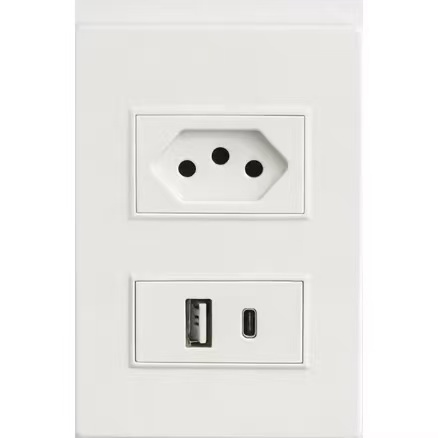 Tomada de Parede Dupla 3 Pinos com USB e Tipo C 5V Bivolt para Carregamento - PL