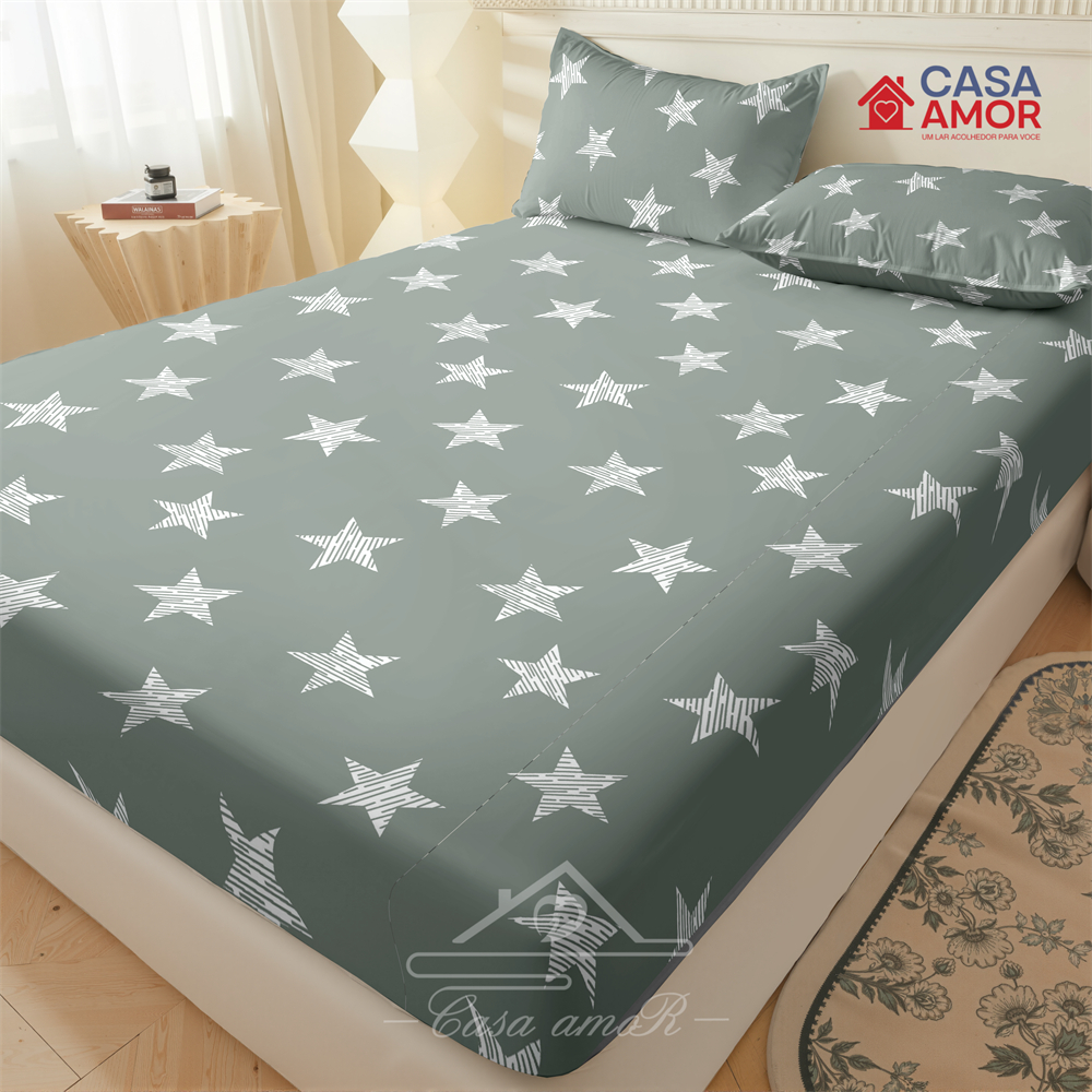 Estrela cinza Jogo De Lençol Listras em preto e branco 03 Peças SOLTEIRO/ CASAL /QUEEN Percal Estampado