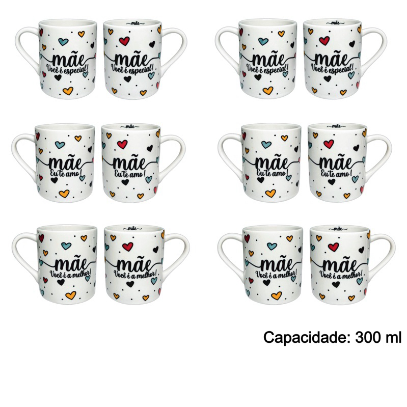 Kit 6 Canecas de Porcelana Decoradas MÃE 300ml Café Chá