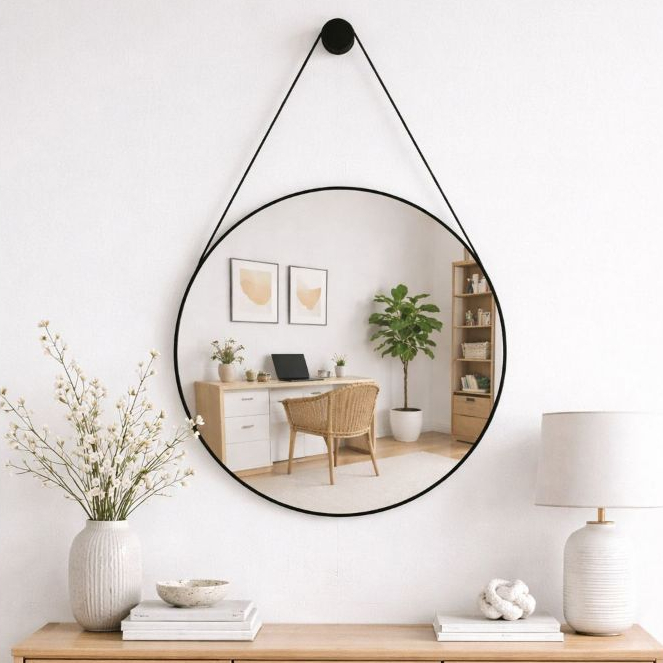 Espelho Decorativo Redondo 30cm e 60cm com Alça de Couro para Sala e Banheiro em Oferta na Shopee