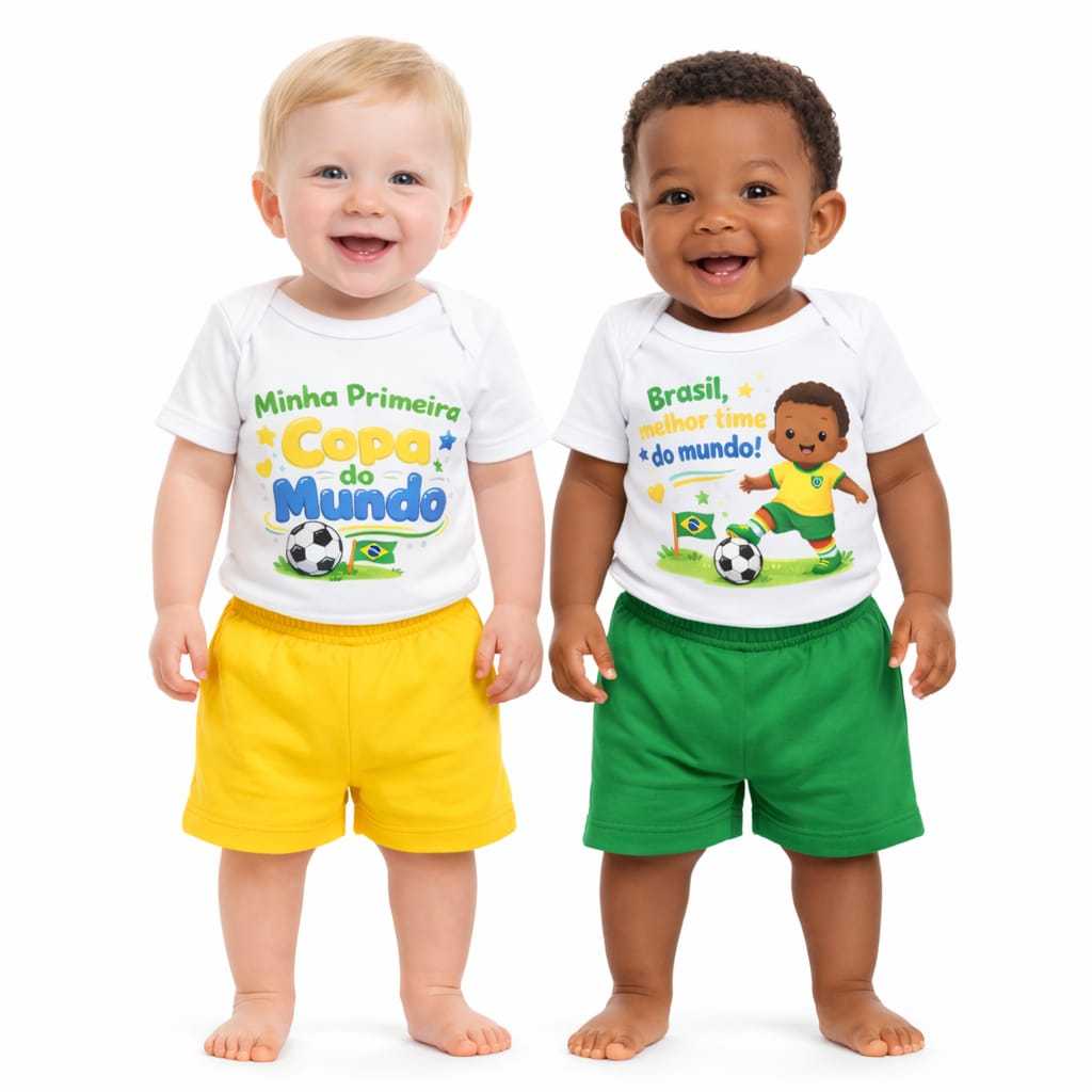 KIT 4 PEÇAS - BODY MINHA PRIMEIRA COPA + BORE BRASIL MELHOR TIME DO MUNDO PARA BEBÊ + SHORT AMARELO + SHORT VERDE