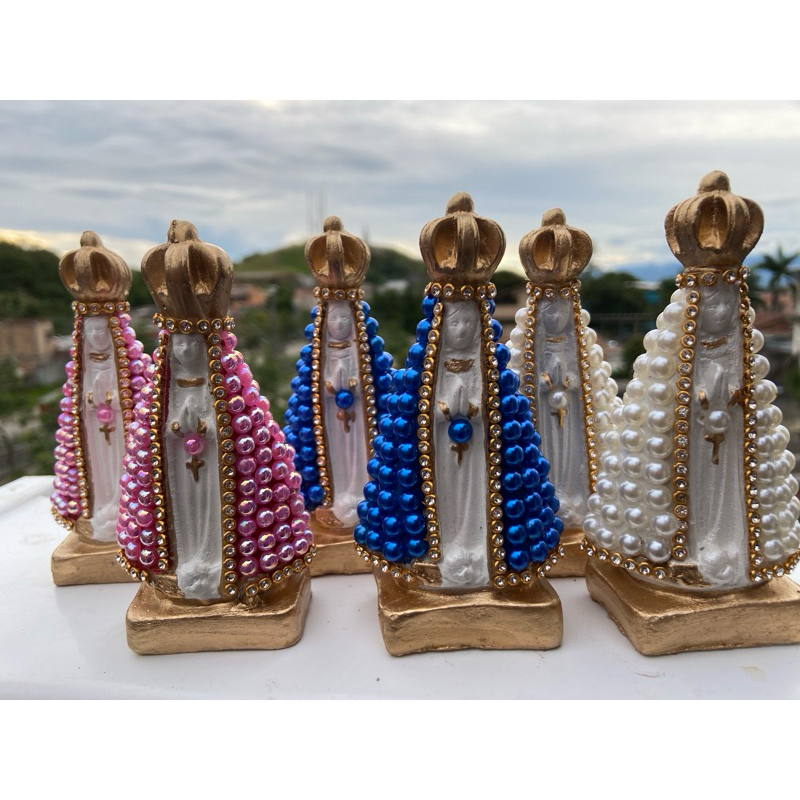 Nossa Senhora Aparecida 10cm Decorada com Pérolas e Strass - Imagem Artesanal Luxo