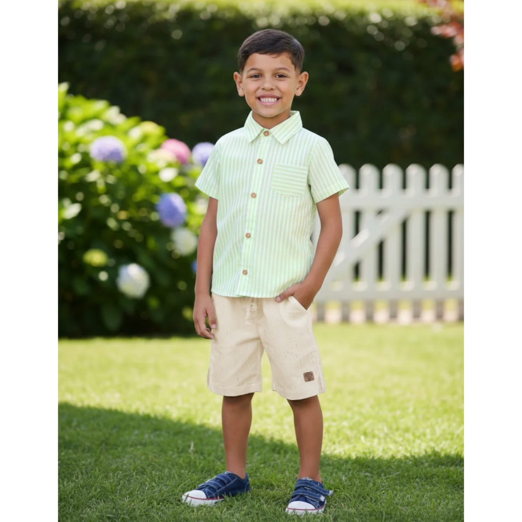 Roupa Conjunto Moda Infantil Menino Camisa Verde Lima Estampa Listras Bermuda 4 Ao 10