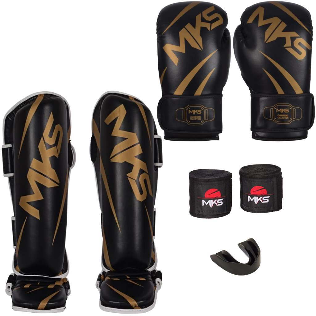 LUVA BOXE + CANELEIRA MUAY THAI + BANDAGEM + PROTETOR BUCAL - CHAMPION PRETO/DOURADO MKS