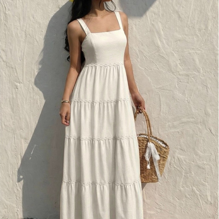 Kliou Fashion Vestido Elegante Feminina Longo Renda Alças Ajustáveis e Cintura Elástica nas Costas Boho verão Férias em Oferta na Shopee