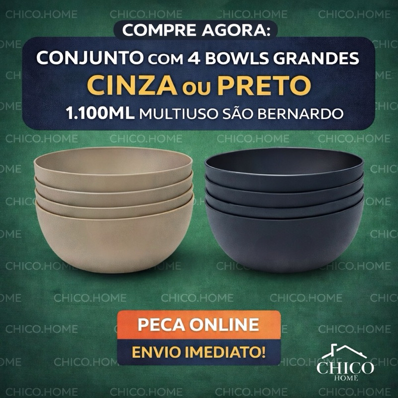 CONJUNTO COM 4 BOWLS GRANDES CINZA OU PRETO 1.100ML MULTIUSO SAO BERNARDO em Oferta na Shopee