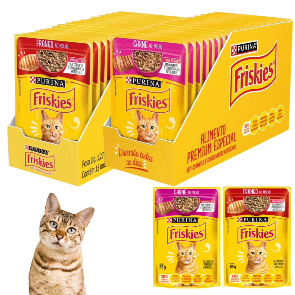 Kit Sache Friskies Purina Carne + Frango Super Premium P/ Gatos Adulto Filhote Cx C/15 Unid = 30Unid