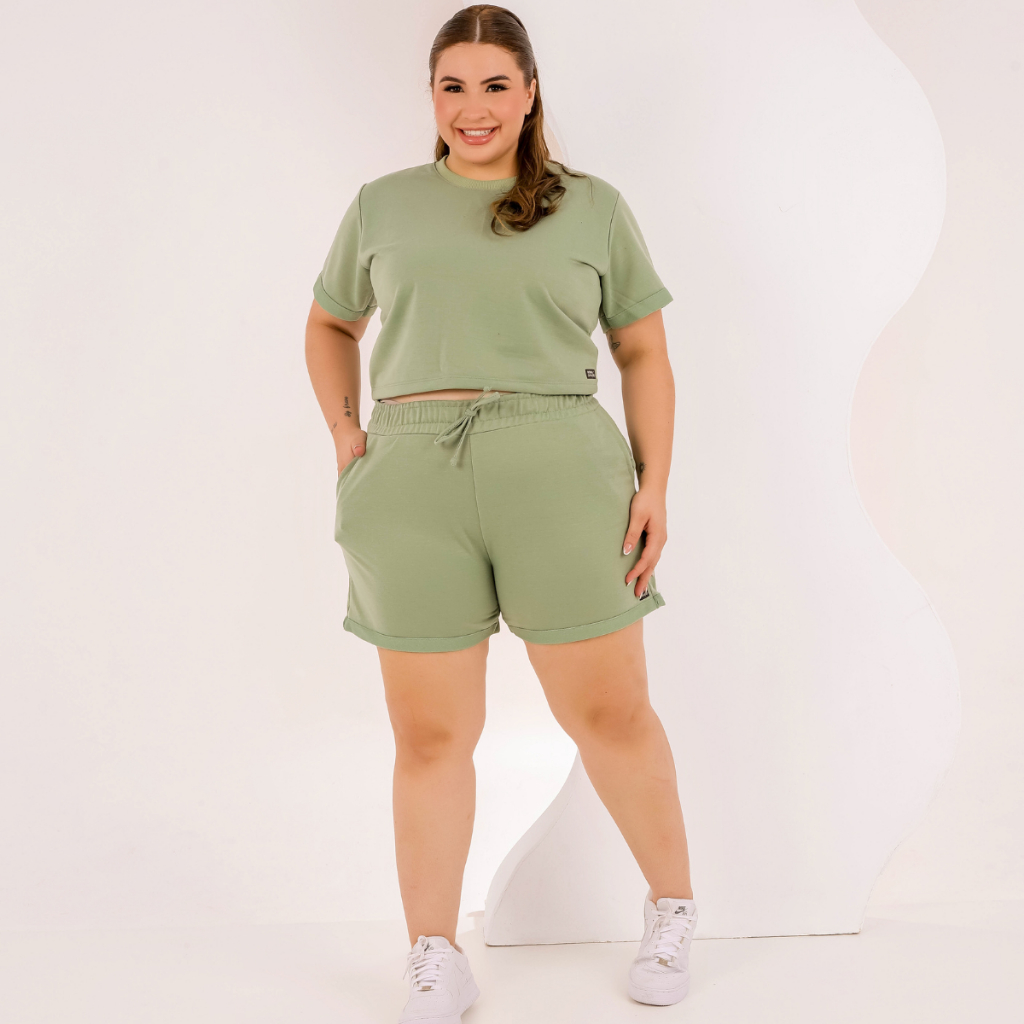 Conjunto Plus Size Verão Moletinho Cropped E Short Casual em Oferta na Shopee