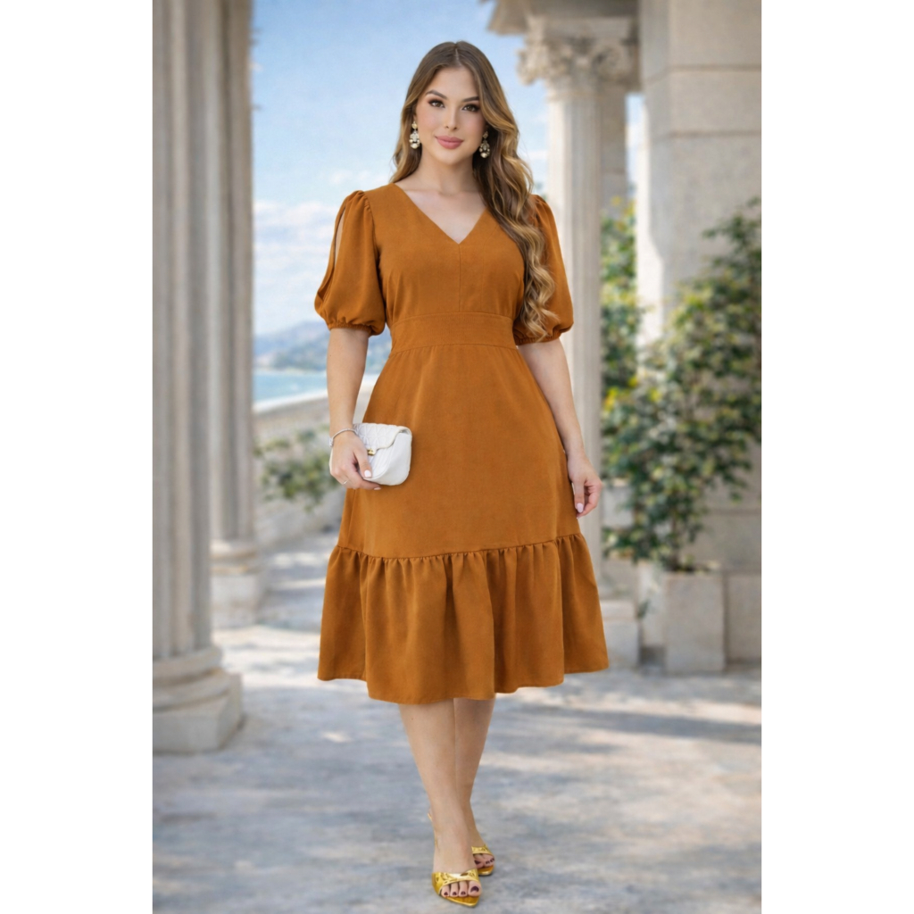 Vestido Midi Amélia Caramelo em Crepe Larissa Elegante com Decote V