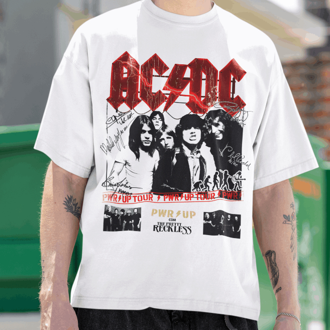 Camiseta Oversized ou Básica ACDC Banda de Rock Heavy Metal Tour Power Up 2026 Back in Black