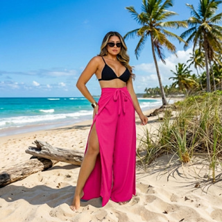 Calça Pantalona Cintura Alta Feminina com Fenda Transpassada em Oferta na Shopee