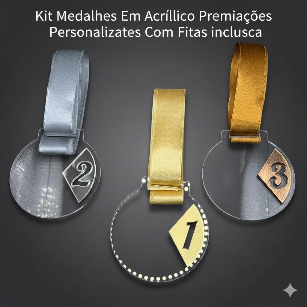 Kit Medalhas Em Acrílico Corte a Lazer Premiações Esportivas com fita de Cetim