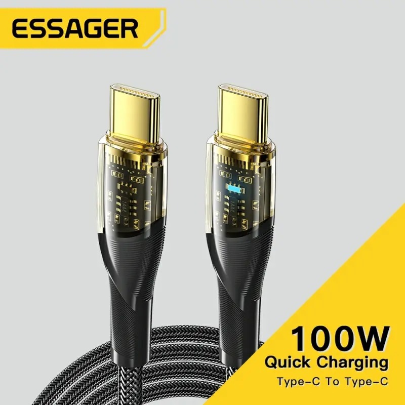 Cabo Essager 100W USB-C Para USB-C 2m 5A Transparente Com Led ES-X29 Pronta Entrega