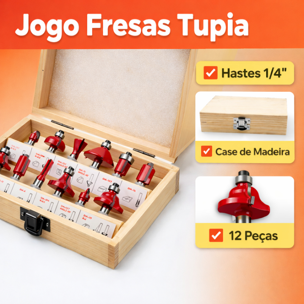 Jogo de Fresas para Tupia 12 Peças 1/4 6,35mm com Estojo de Madeira para Marcenaria MDF Madeira Profissional