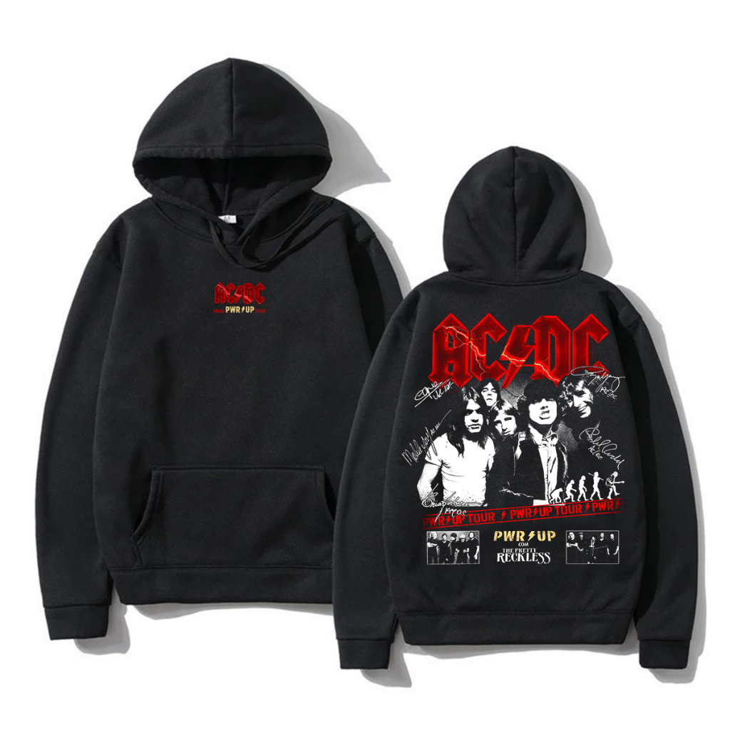 Blusa de Frio Moletom Canguru ACDC Tour Power Up 2026 Banda de Rock Heavy Metal Com Capuz e Bolso Back in Black