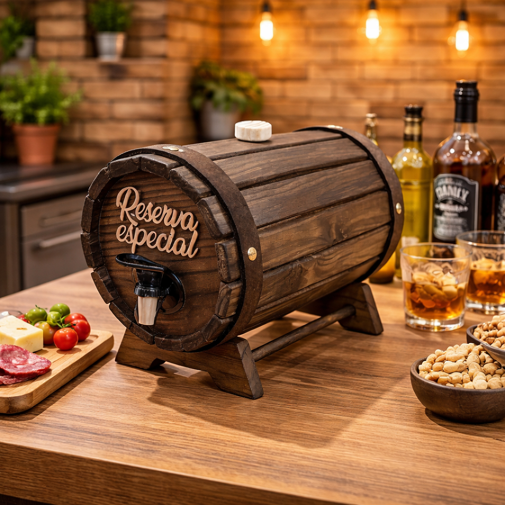 Barril de Cachaça Decoração Bar Cozinha Pingômetro 3 Litros Rústico Revestido Madeira Área Gourmet