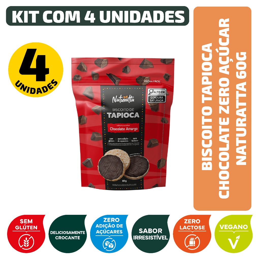 Kit Biscoito Tapioca Chocolate Zero Açúcar Naturatta 60G - 4 Unidades