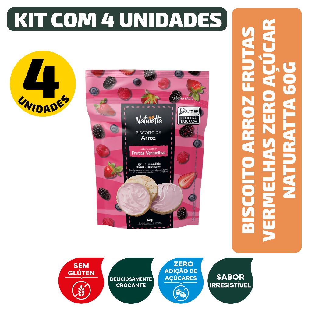 Kit Biscoito Arroz Frutas Vermelhas Zero Açúcar Naturatta 60G - 4 Unidades
