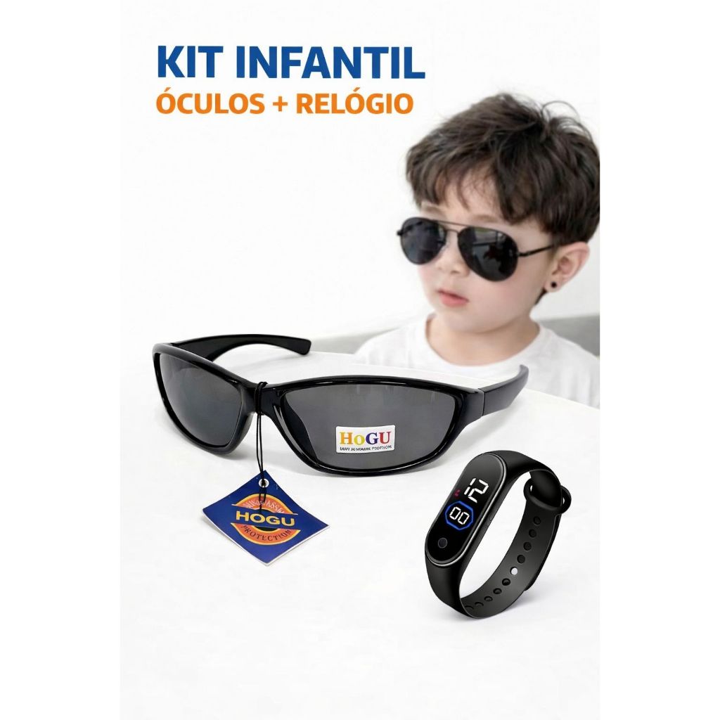 Conjunto relógio Digital LED criança e óculos de sol masculino infantil menino