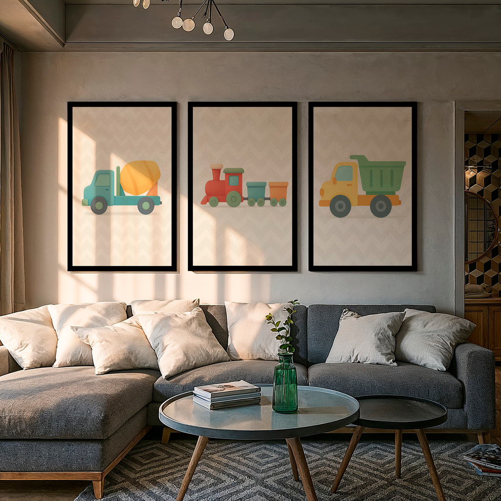 Kit 3 Quadros Infantis Veículos – Caminhão, Trem e Trator | Decoração Quarto Infantil