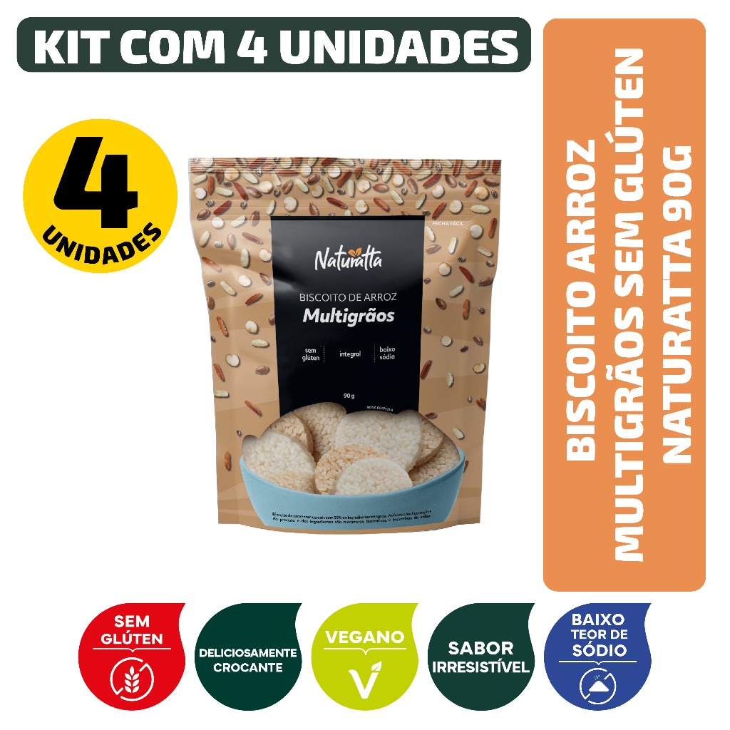 Kit Biscoito Arroz Multigrãos Sem Glúten Naturatta 90G - 4 Unidades