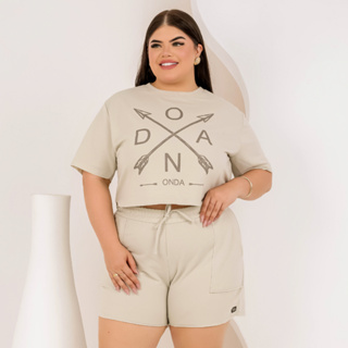 Conjunto Plus Size Estampado Cropped e Shorts com Elástico Confortável Dia a Dia em Oferta na Shopee