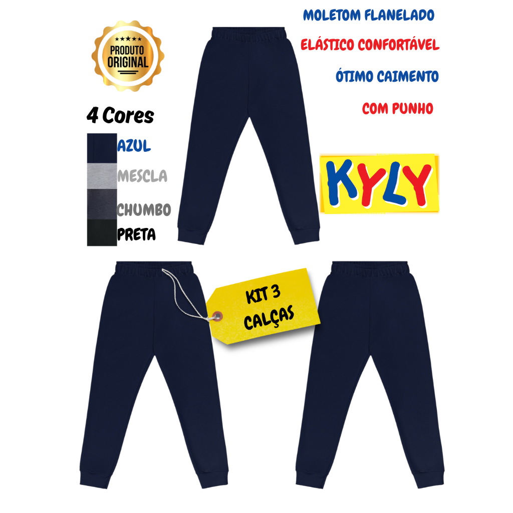 KIT 3 Calças Infantil Moletom Flanelada Com Punho Kyly 01 ao 16 em Oferta na Shopee