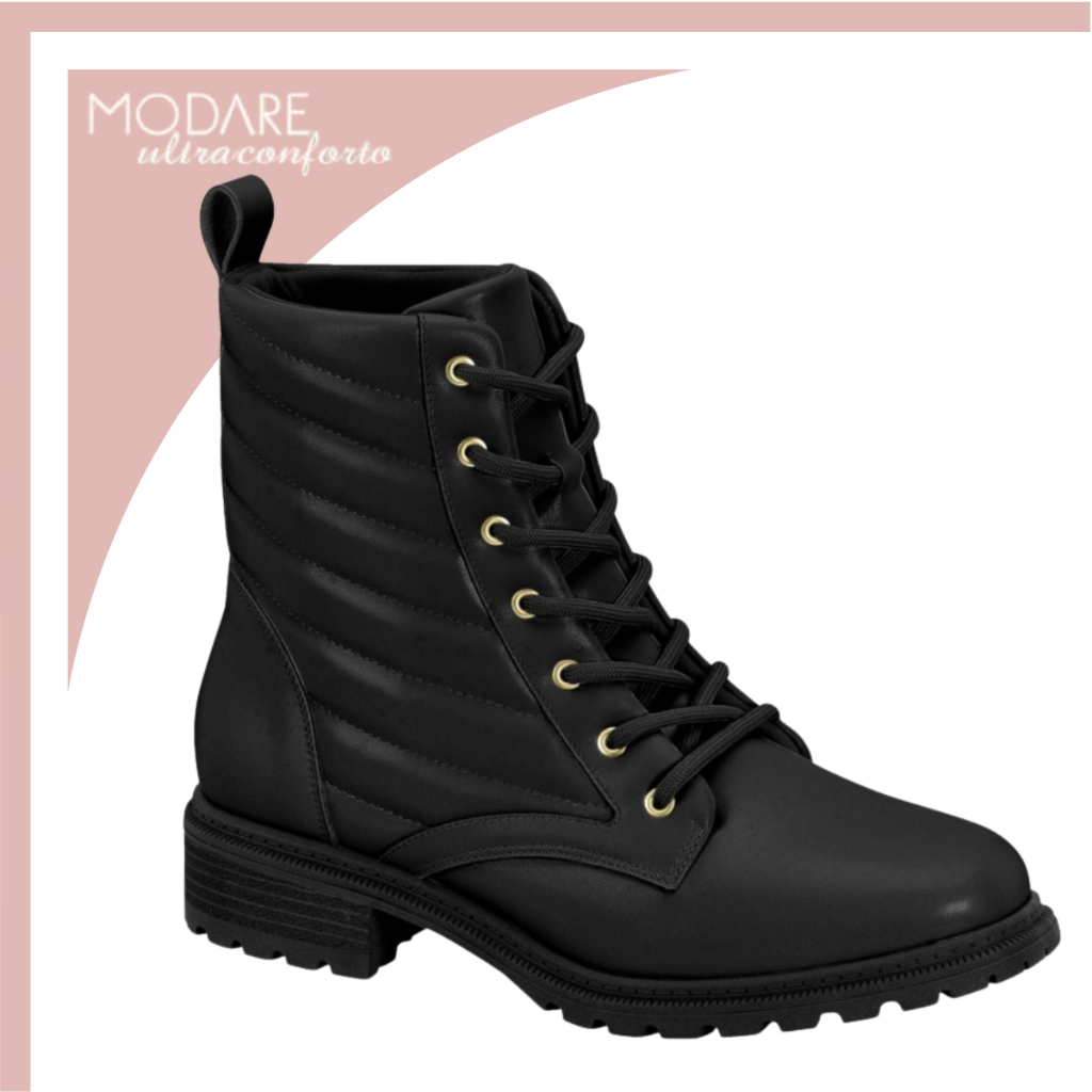 Bota Feminina Coturno Modare UltraConforto Salto Baixo Tratorado Com Cadarço Macio Original
