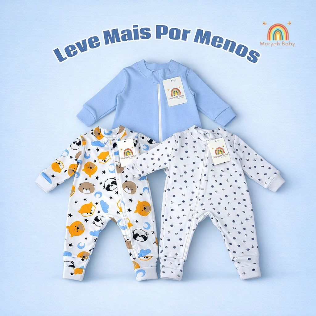 Kit 3 Macacões Menino Longo Estampado Com Ziper Tecido Macio E Confortavel Roupinha Bebê Pijama