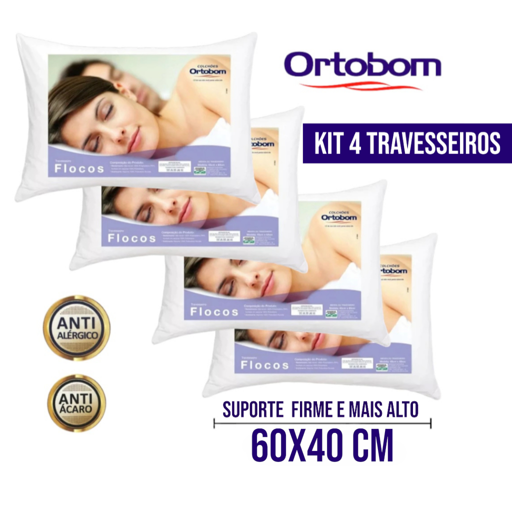 Kit 4 Travesseiros Ortobom Firme e alto 40x60cm Antialérgico Flocos de espuma antiácaro Ortopedico em Oferta na Shopee