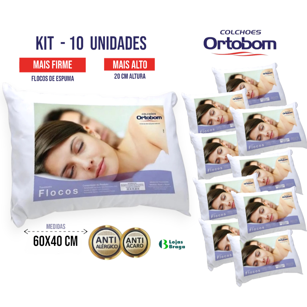 Kit 10 Travesseiros Flocos de Espuma Ortobom mais Firme e alto 40x60cm antiácaro Ortopedico