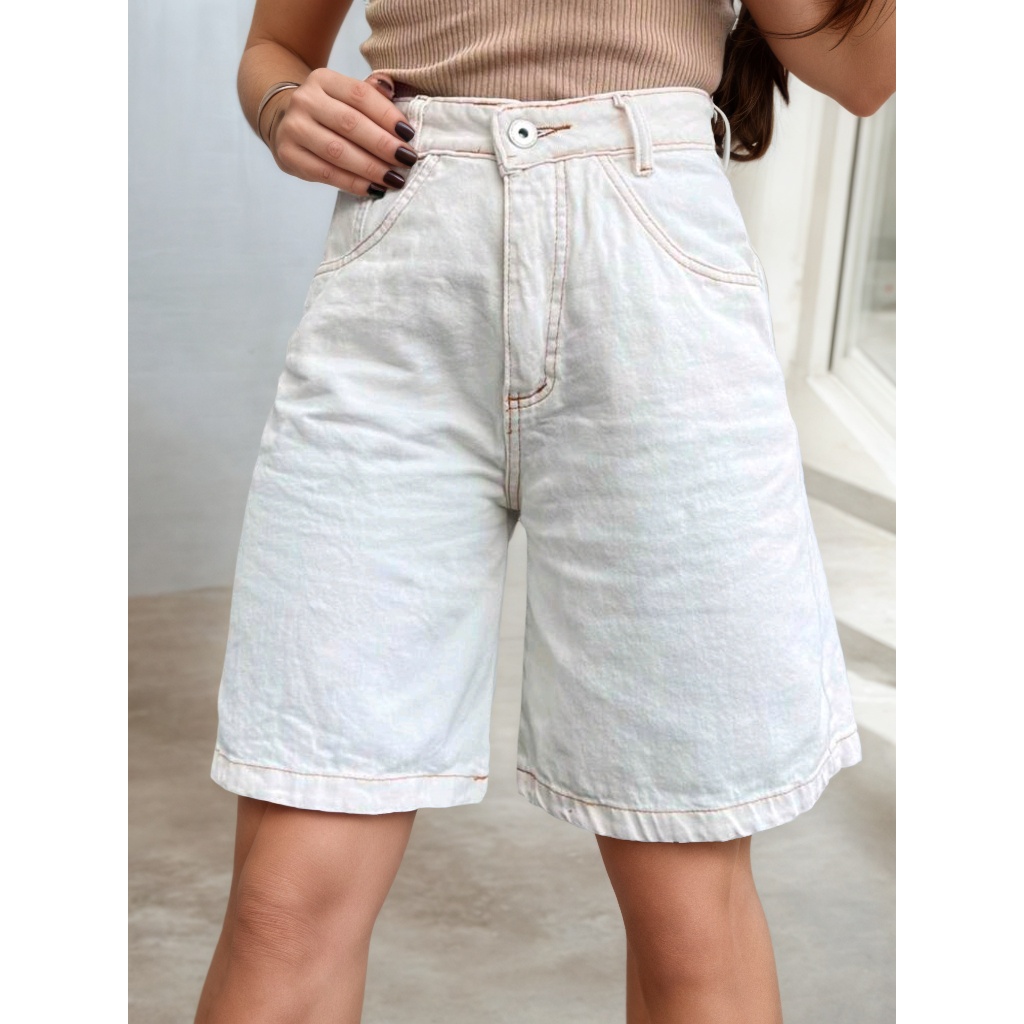 Short Bermuda Jeans Feminina Cor Lisa Sem Rasgo Com Bolsa Moda Evangélica Cor Branca em Oferta na Shopee