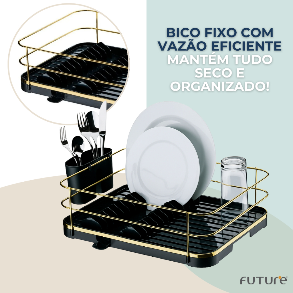 Escorredor De Louça Cozinha Porta Talheres Pia 11 Pratos Preto Dourado Gold Escoamento De Água em Oferta na Shopee