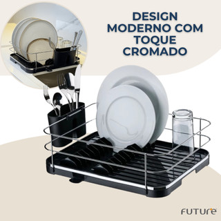 Escorredor De Louça Cozinha Prato Porta Talheres Pia 11 Pratos Aço Cromado Future Escoamento Água
