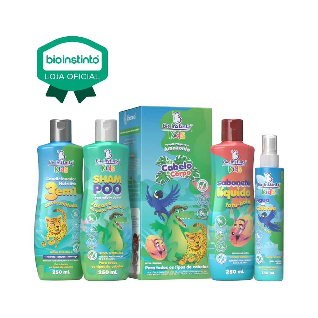 01 KIT KIDS CABELO E CORPO 4 Itens Bio Instinto Infantil cabelos lisos cacheados crespos ondulados em Oferta na Shopee