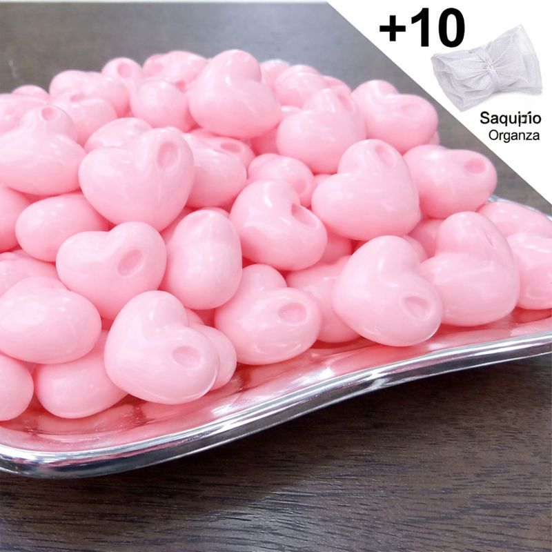 kit lembrancinhas 50 mini sabonetes coração + 10 saquinhos de organza branco