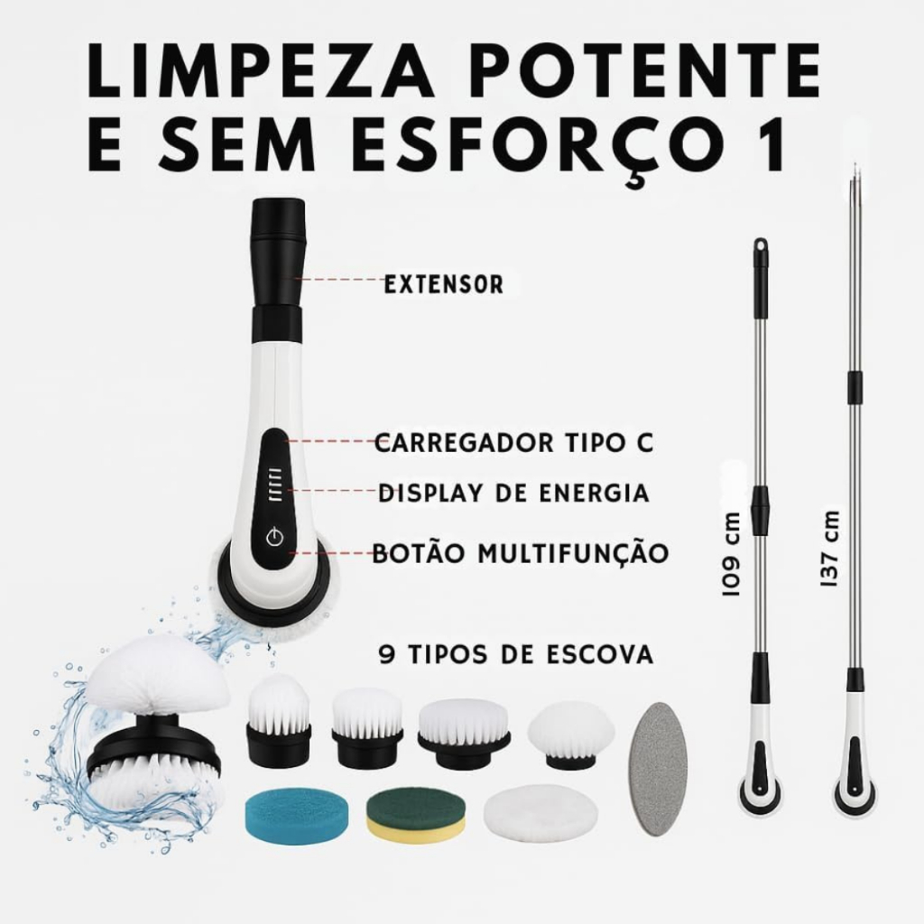 Esfregão Elétrico 9 Em 1 Mop Sem fio Escova De Limpeza Pesada Janela Banheiro e Cozinha Rapida Multiuso 360 Recarregavel