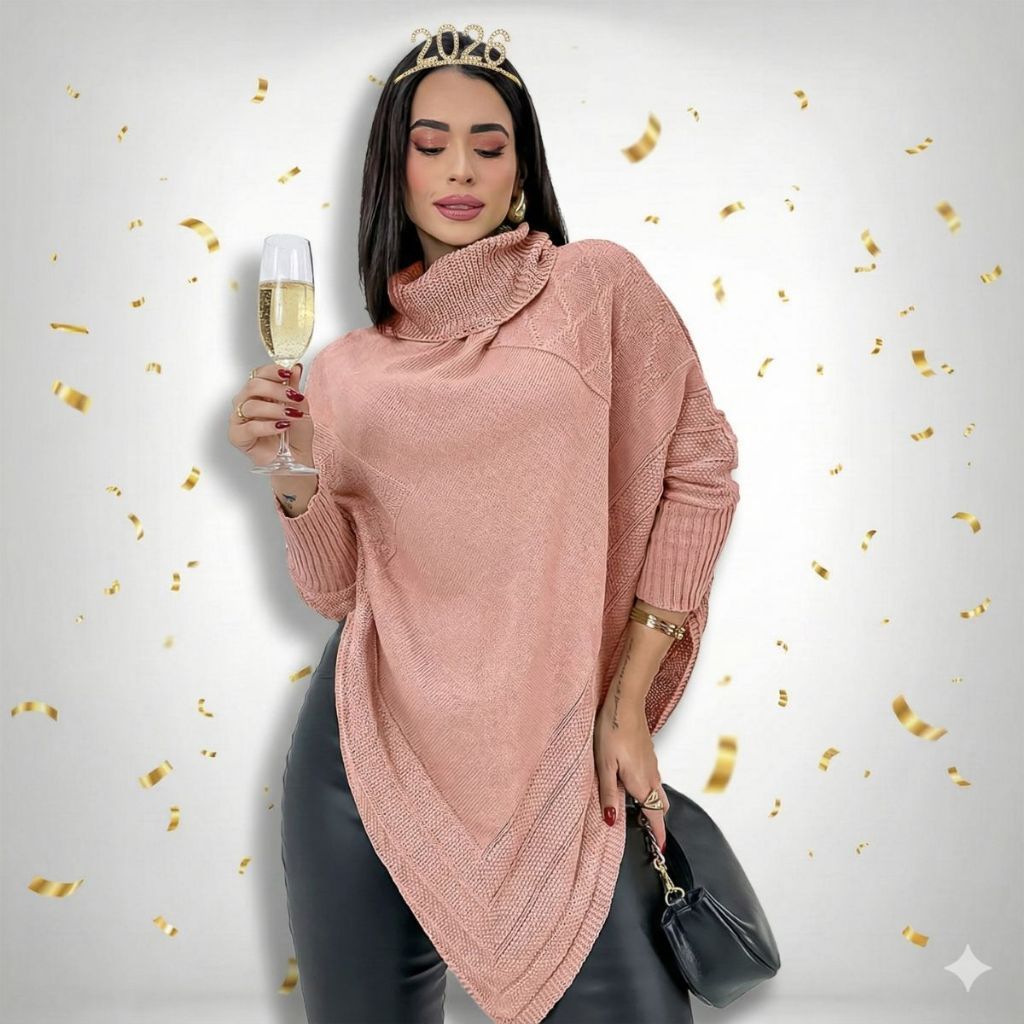 Poncho Tricot De Bico Top Inverno Gola Alta Moda Premium Lã