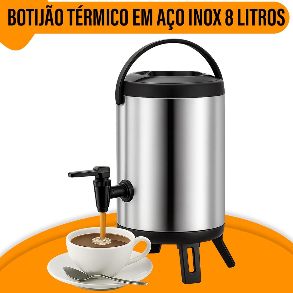 Garrafa Térmica Botijão Inox 5 ou 8 Litros com Torneira Café Chá