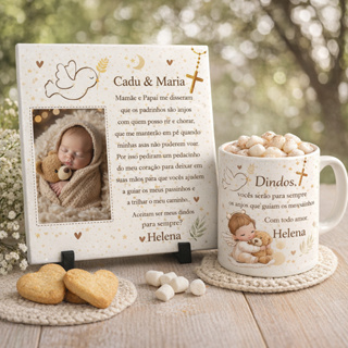 Kit Convite Dindos e Dindas Personalizado Azulejo + Caneca com Foto + Suporte | Presente | Padrinhos em Oferta na Shopee