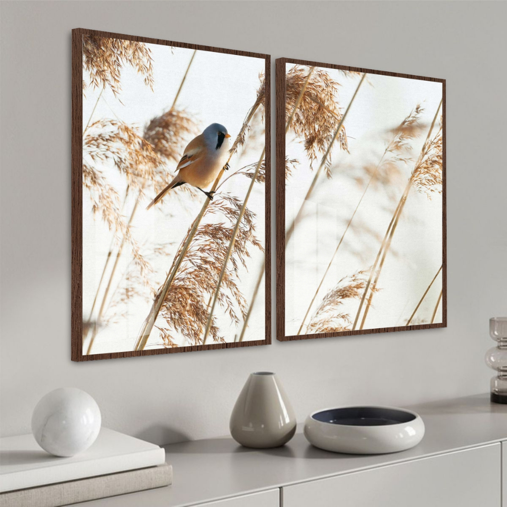 Quadro Moldura e Vidro Kit Duas Peças Ave Pássaro Decoração Sala Escritório Moderno Tons Bege Marrom