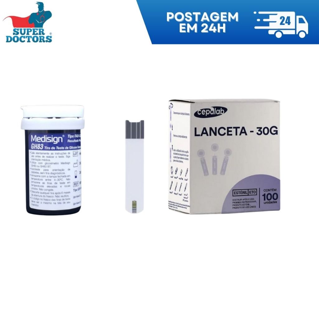 50 Fitas Tiras Glicose + 100 Lancetas 30G Agulha Para Medir Diabetes