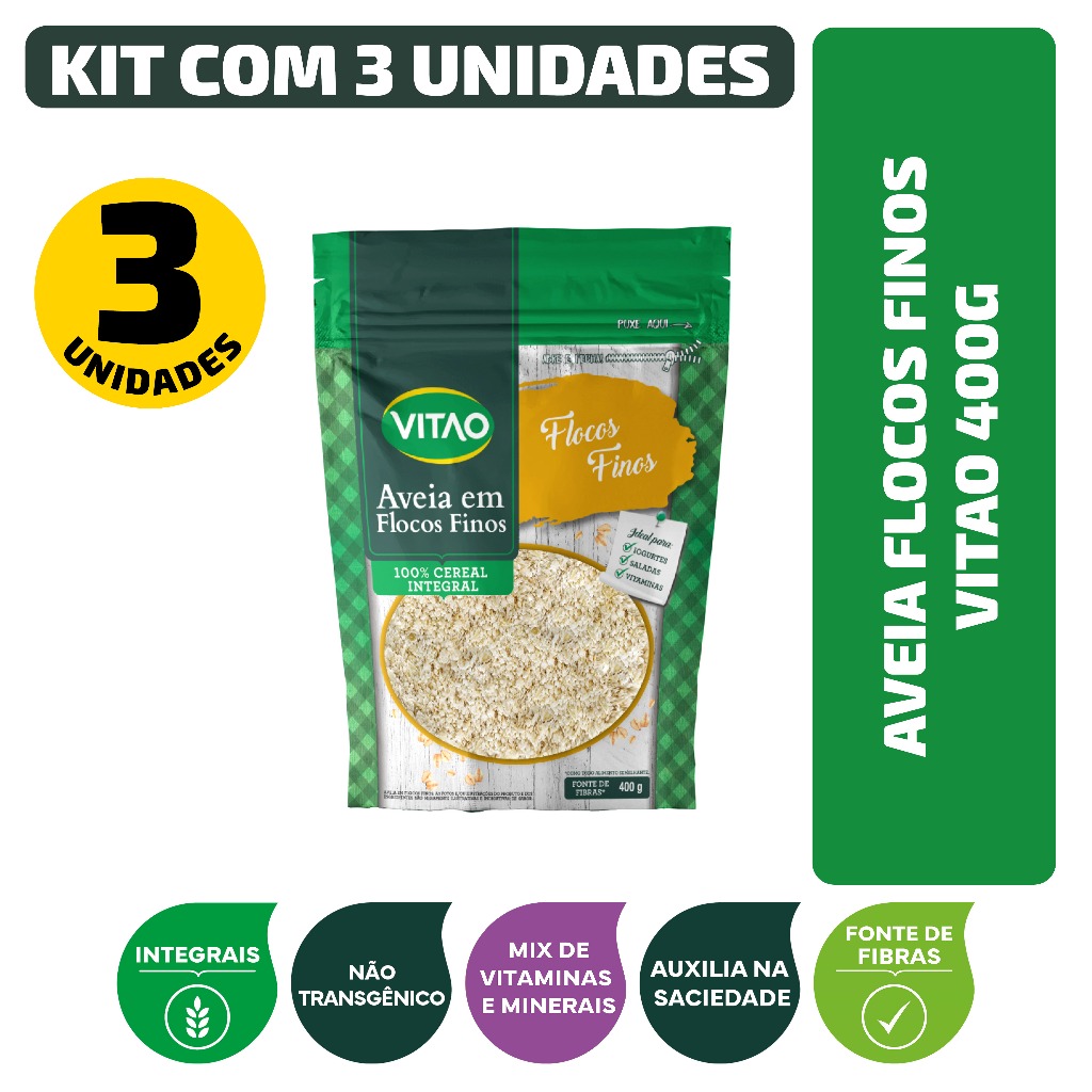 Kit Aveia Flocos Finos Vitao 400G - 3 Unidades em Oferta na Shopee