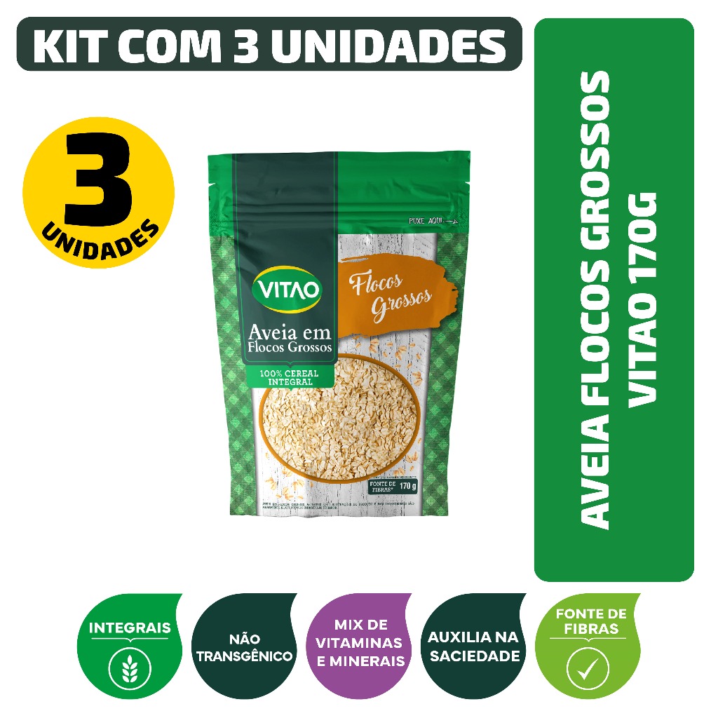 Kit Aveia Flocos Grossos Vitao 170G - 3 Unidades em Oferta na Shopee
