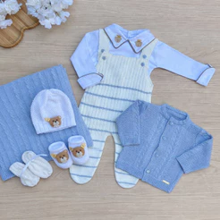 Saída de Maternidade Menino Listradinha Urso Príncipe Dinhos Baby Tricot 7 Peças
