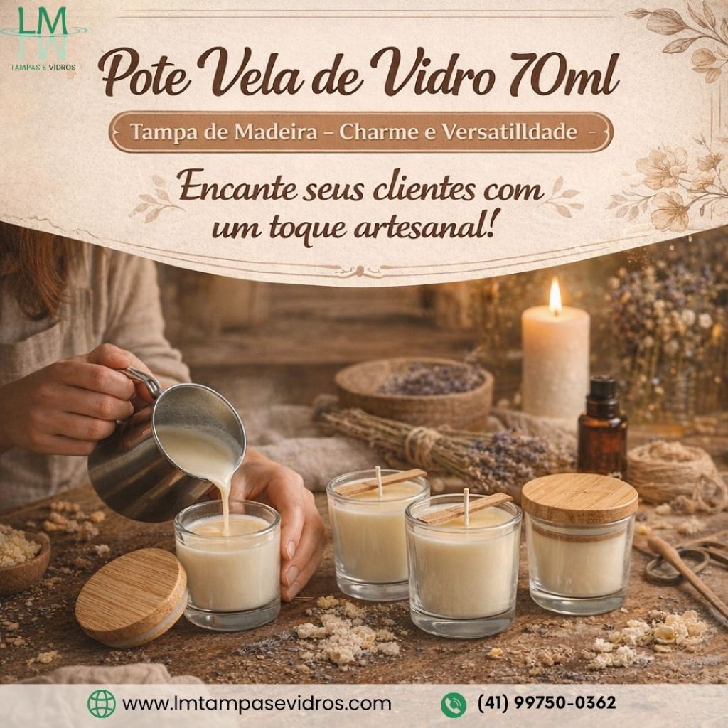 POTE VELA/LEMBRANÇAS/PATE DE VIDRO 70 ML COM TAMPA MADEIRA BAMBU KIT 6/12/24UN
